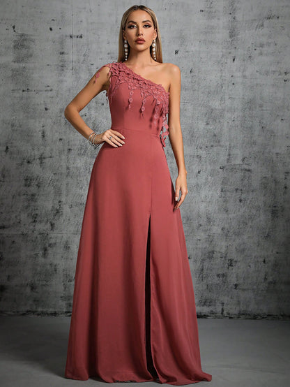 One Shoulder Lace Detail Split Thigh Bridesmaid Dress