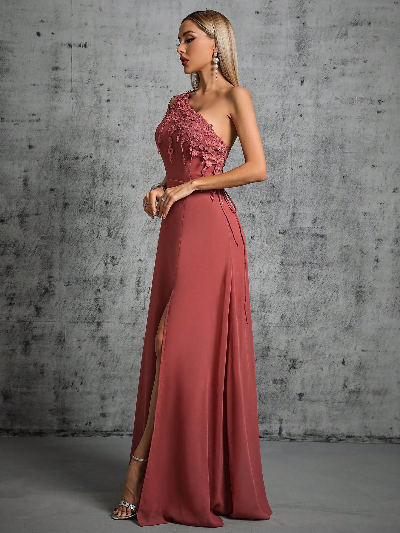 One Shoulder Lace Detail Split Thigh Bridesmaid Dress
