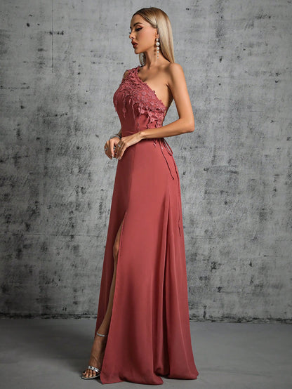One Shoulder Lace Detail Split Thigh Bridesmaid Dress