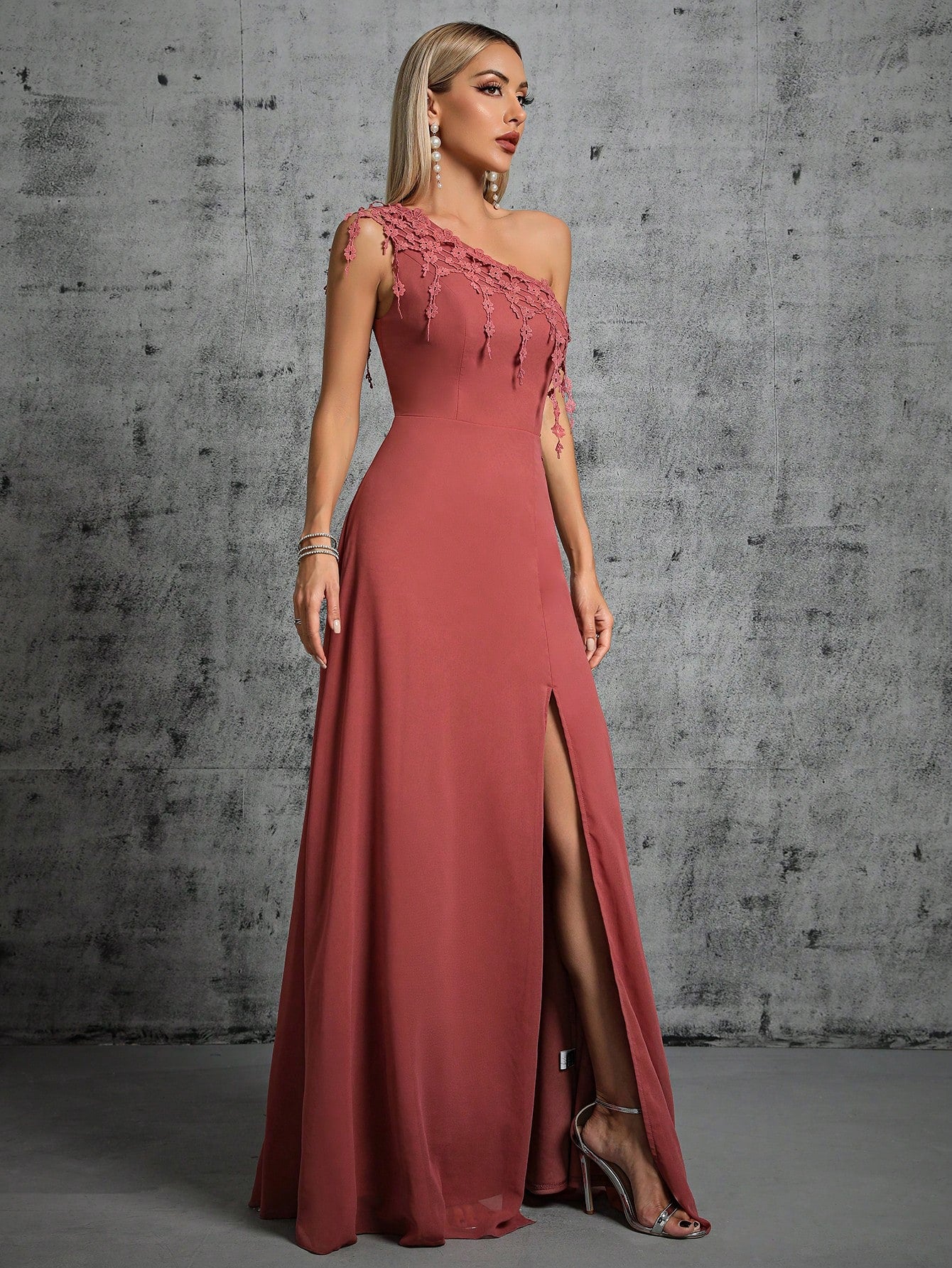 One Shoulder Lace Detail Split Thigh Bridesmaid Dress