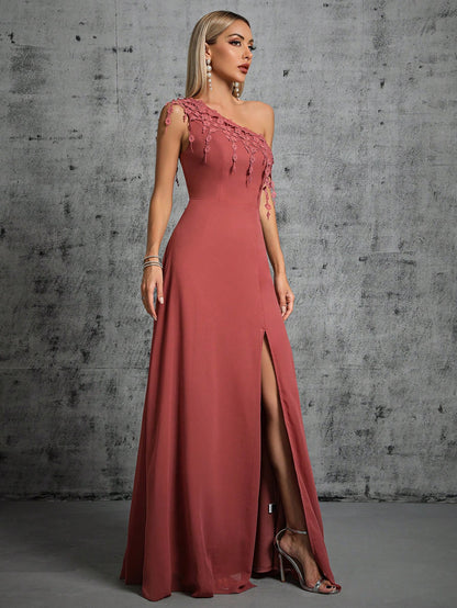 One Shoulder Lace Detail Split Thigh Bridesmaid Dress