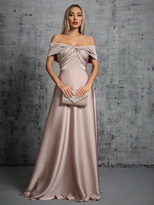 One-Shoulder Irregularly Folded Pleated Satin Long Dress With Wide Skirt Wedding