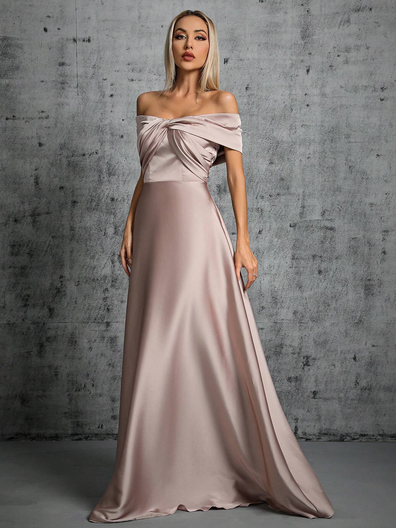 One-Shoulder Irregularly Folded Pleated Satin Long Dress With Wide Skirt Wedding
