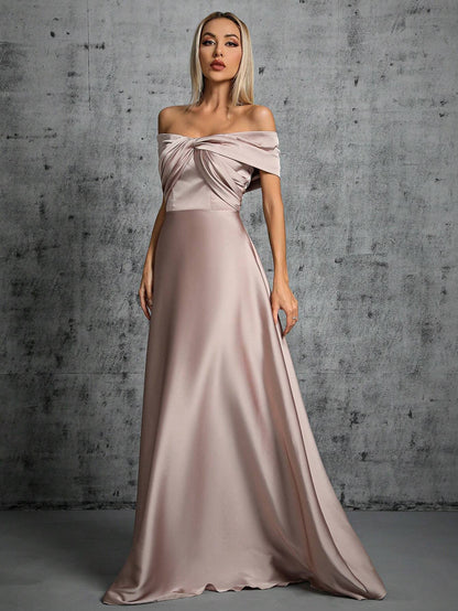 One-Shoulder Irregularly Folded Pleated Satin Long Dress With Wide Skirt Wedding