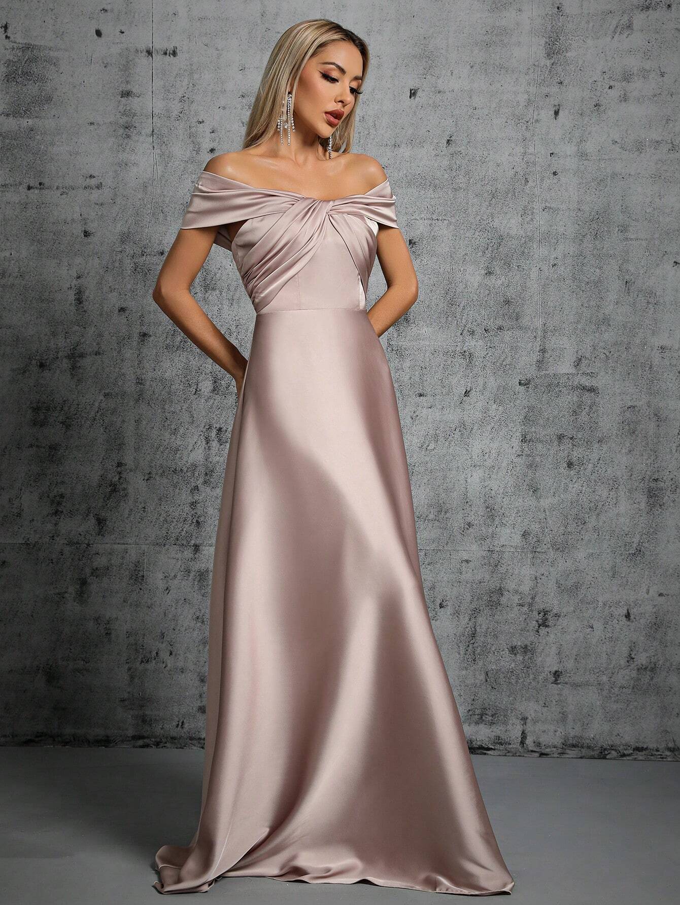 One-Shoulder Irregularly Folded Pleated Satin Long Dress With Wide Skirt Wedding