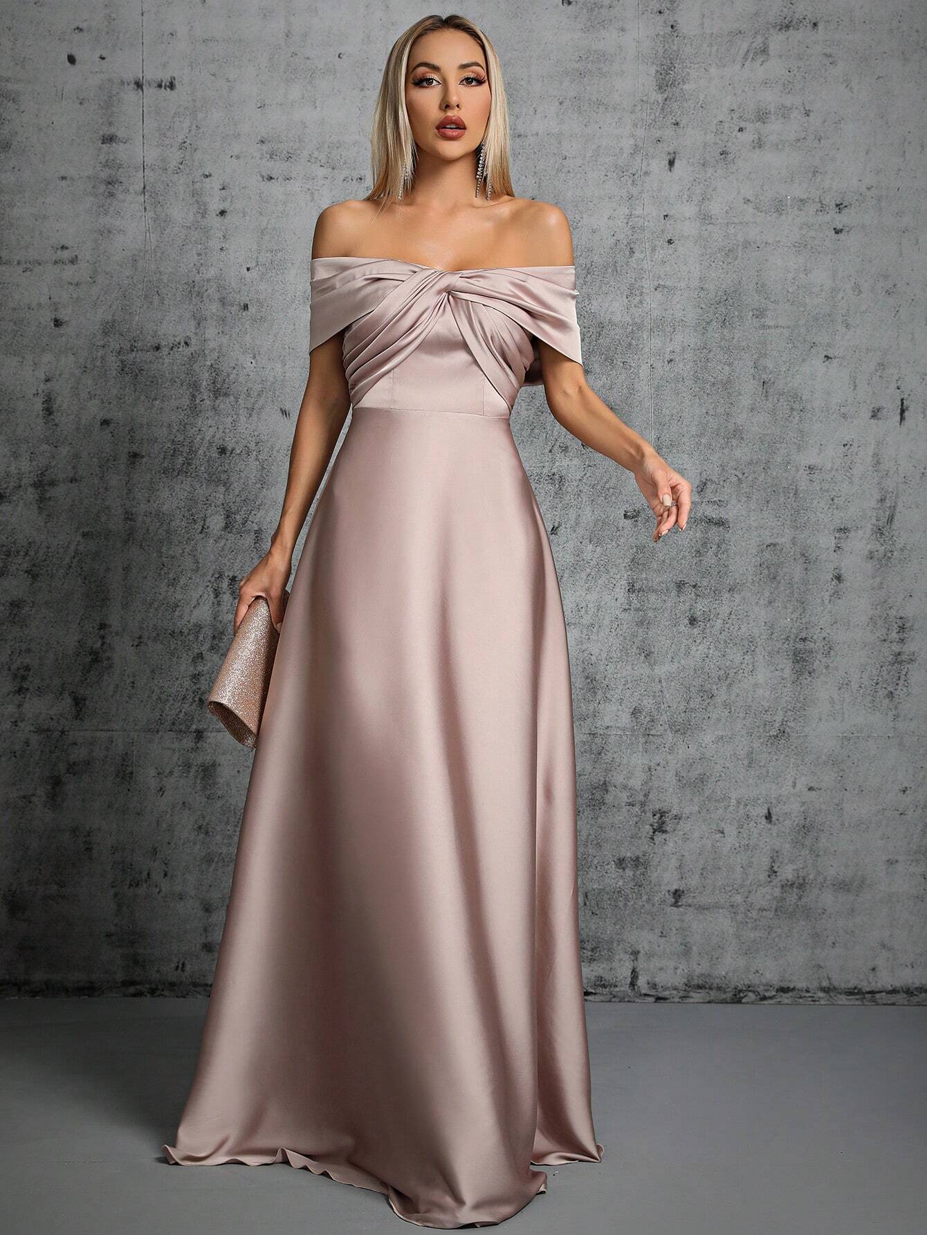 One-Shoulder Irregularly Folded Pleated Satin Long Dress With Wide Skirt Wedding
