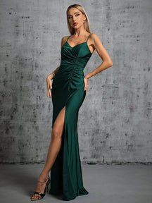 Ruched Split Thigh Bridesmaid Dress Elegant Formal Evening Prom Wedding Guest Gown, For Graduation, Dinner Party Dress