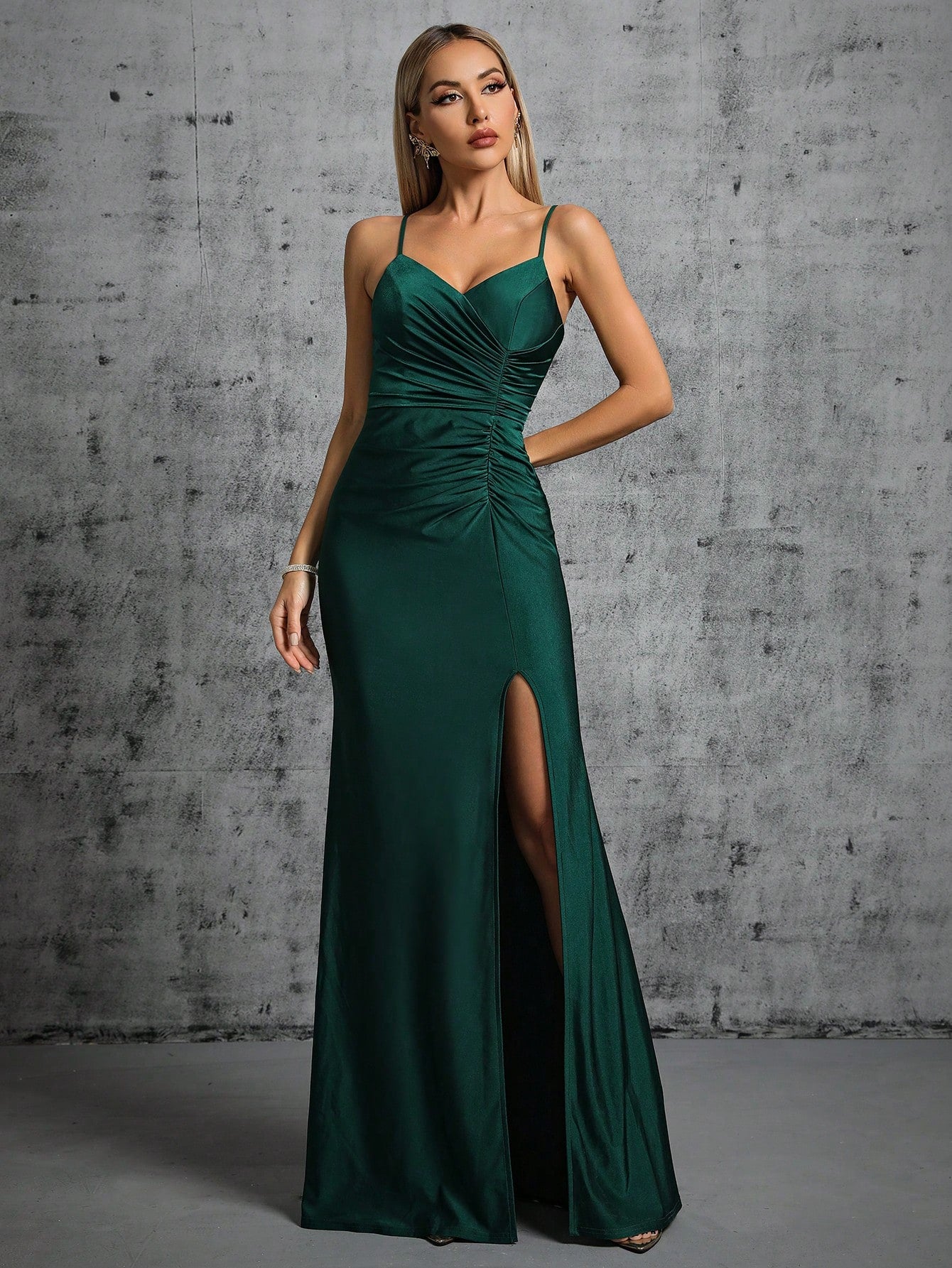 Ruched Split Thigh Bridesmaid Dress Elegant Formal Evening Prom Wedding Guest Gown, For Graduation, Dinner Party Dress