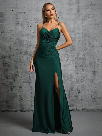 Ruched Split Thigh Bridesmaid Dress Elegant Formal Evening Prom Wedding Guest Gown, For Graduation, Dinner Party Dress