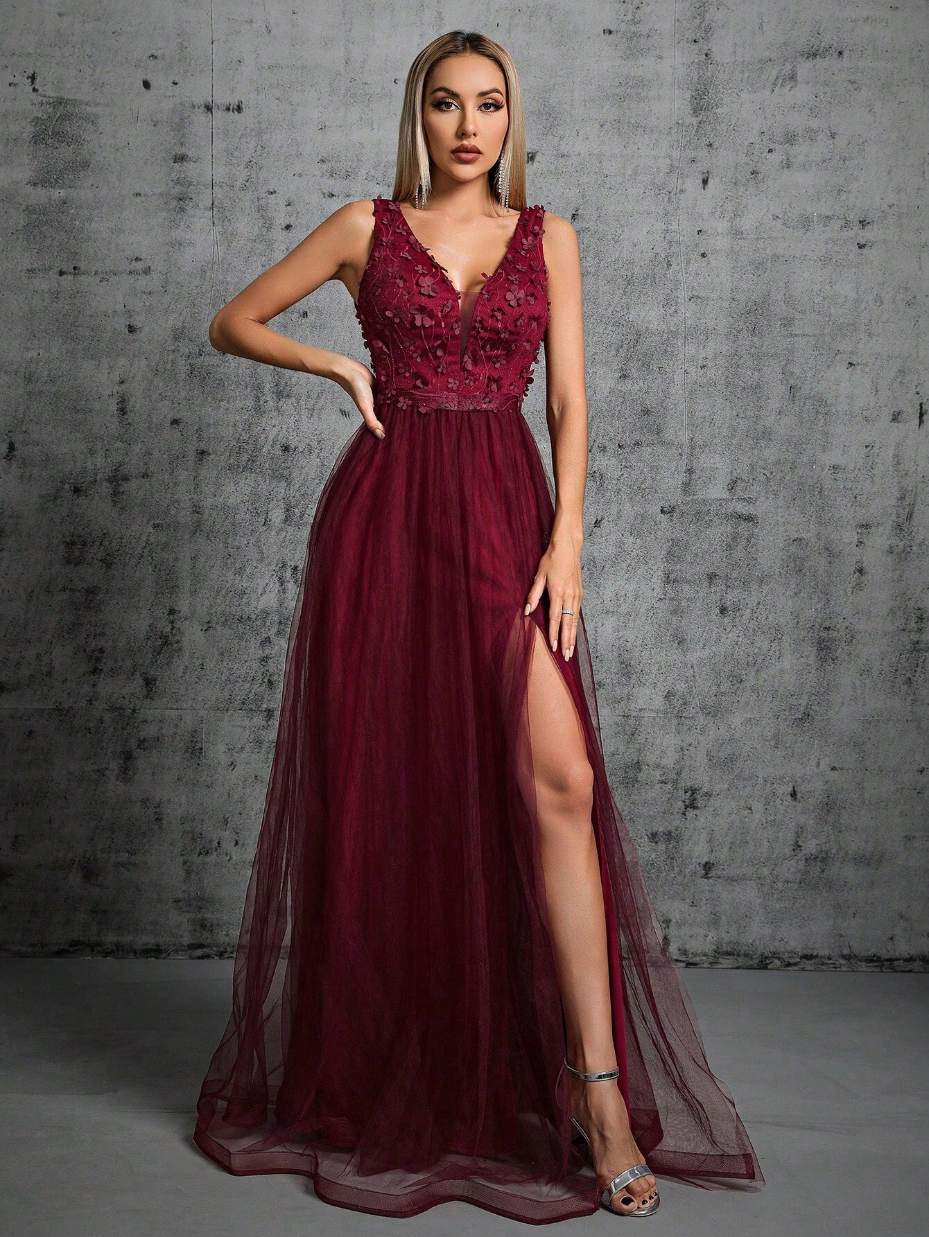 Appliques Detail Split Thigh Mesh Bridesmaid Dress Wedding Spring