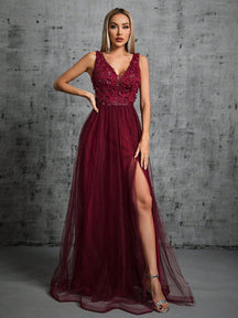 Appliques Detail Split Thigh Mesh Bridesmaid Dress Wedding Spring