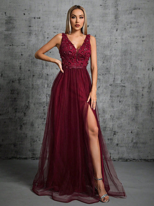 Appliques Detail Split Thigh Mesh Bridesmaid Dress Wedding Spring