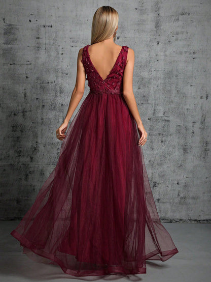 Appliques Detail Split Thigh Mesh Bridesmaid Dress Wedding Spring
