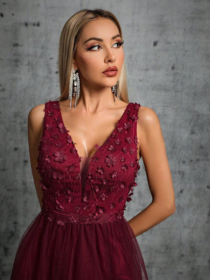 Appliques Detail Split Thigh Mesh Bridesmaid Dress Wedding Spring