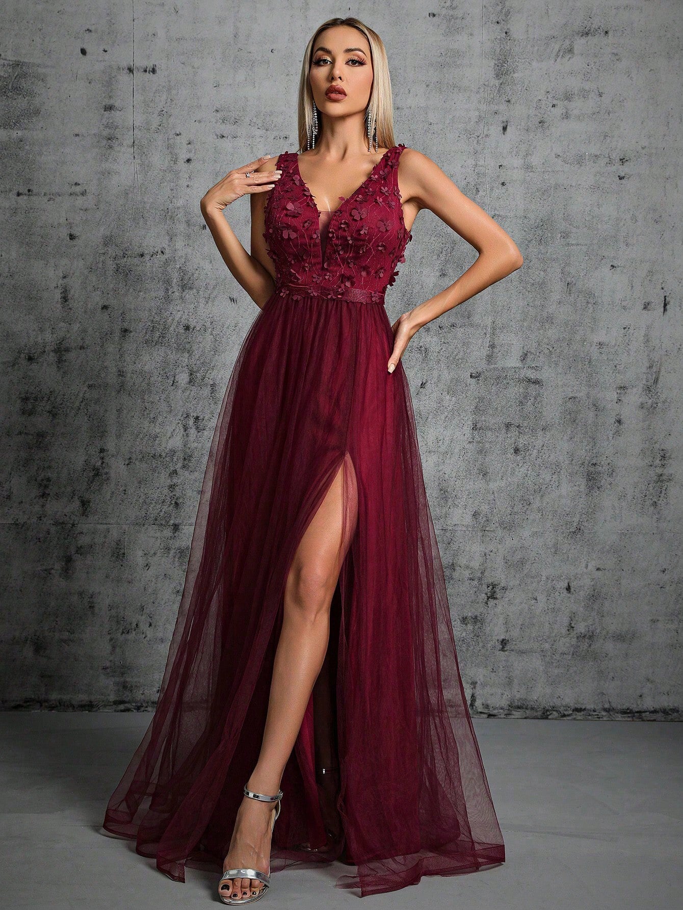 Appliques Detail Split Thigh Mesh Bridesmaid Dress Wedding Spring
