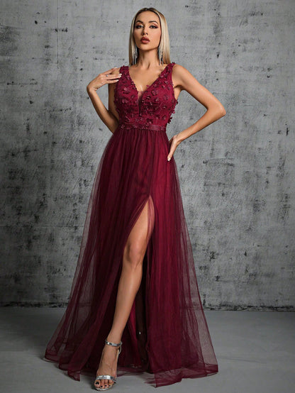 Appliques Detail Split Thigh Mesh Bridesmaid Dress Wedding Spring