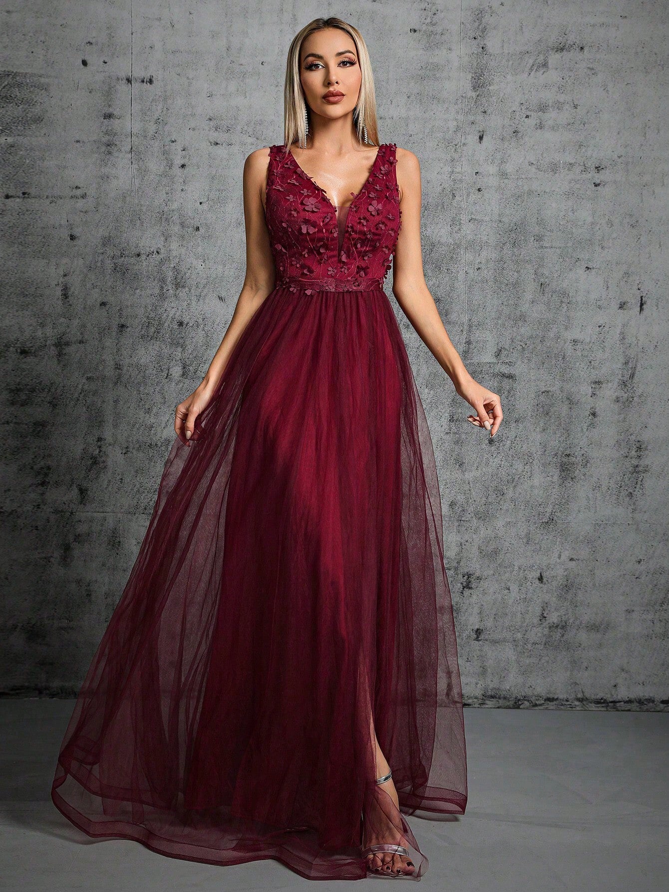 Appliques Detail Split Thigh Mesh Bridesmaid Dress Wedding Spring