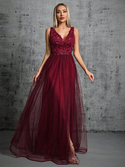 Appliques Detail Split Thigh Mesh Bridesmaid Dress Wedding Spring