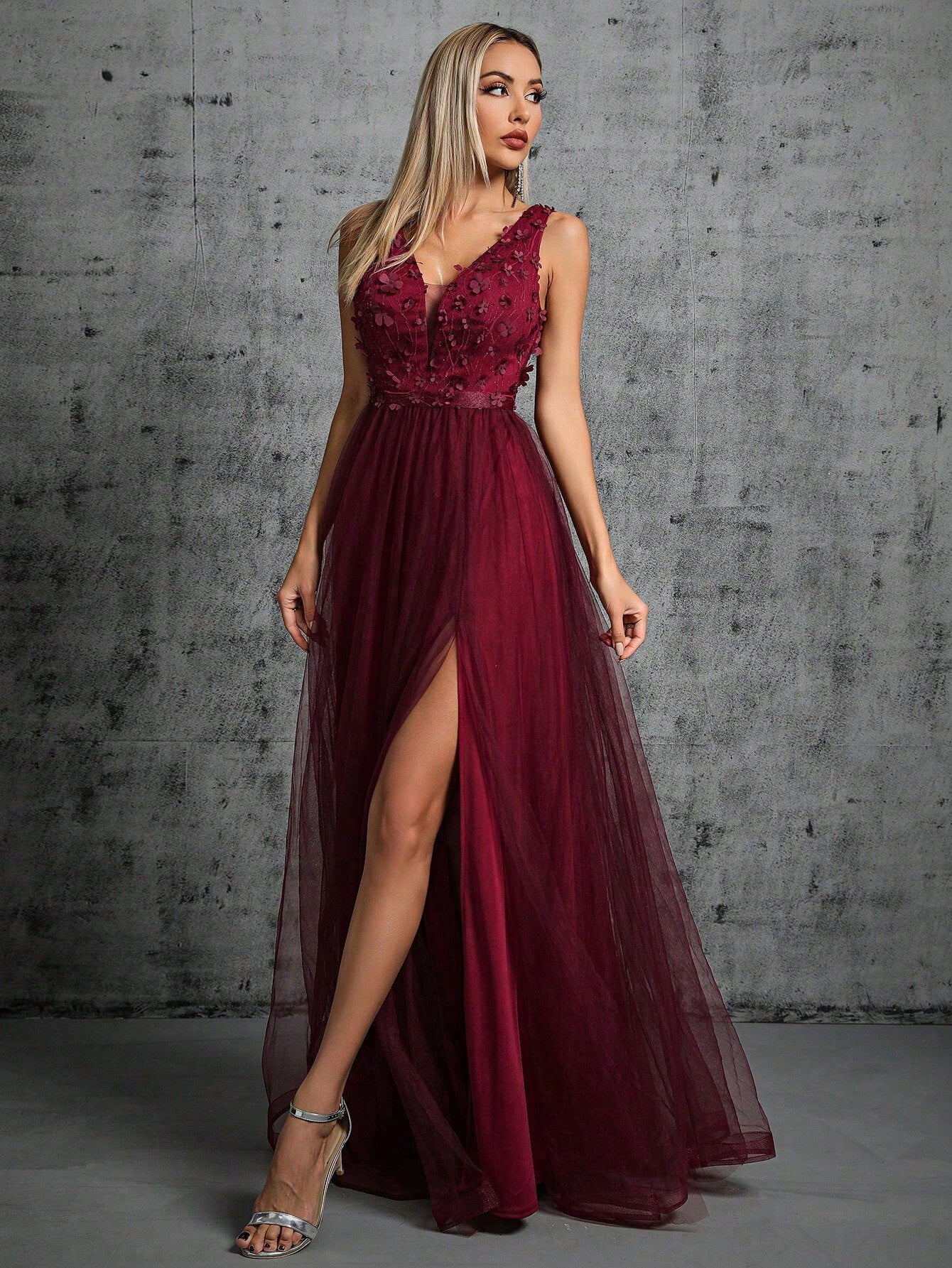 Appliques Detail Split Thigh Mesh Bridesmaid Dress Wedding Spring