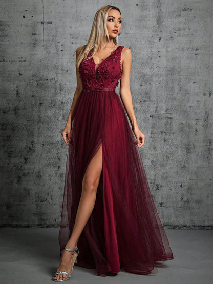 Appliques Detail Split Thigh Mesh Bridesmaid Dress Wedding Spring