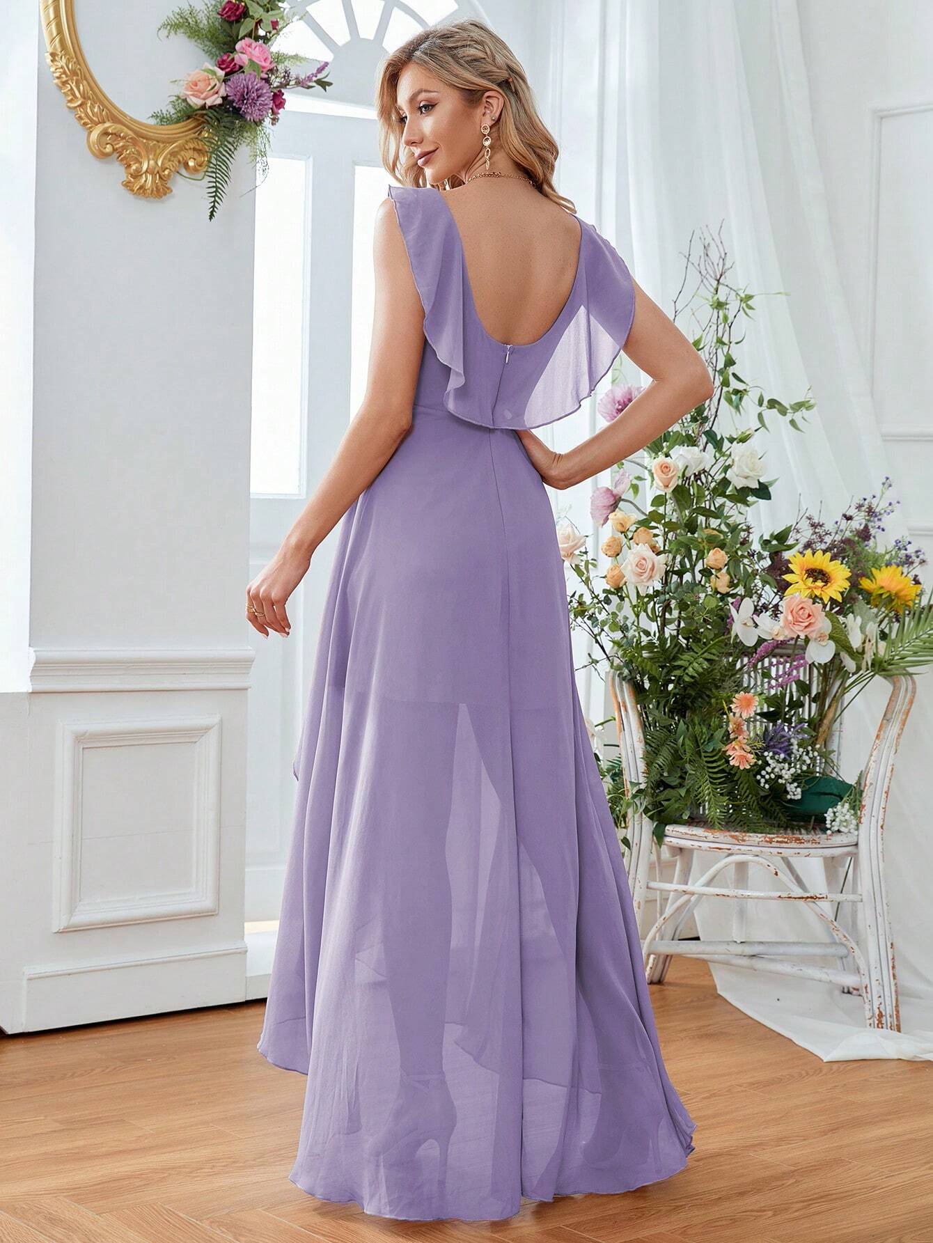 Asymmetric Ruffle Chiffon Elegant Bridesmaid Dress Wedding