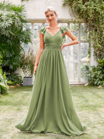 Ruched Layered Ruffle Trim Maxi Bridesmaid Dress Elegant Dress Wedding