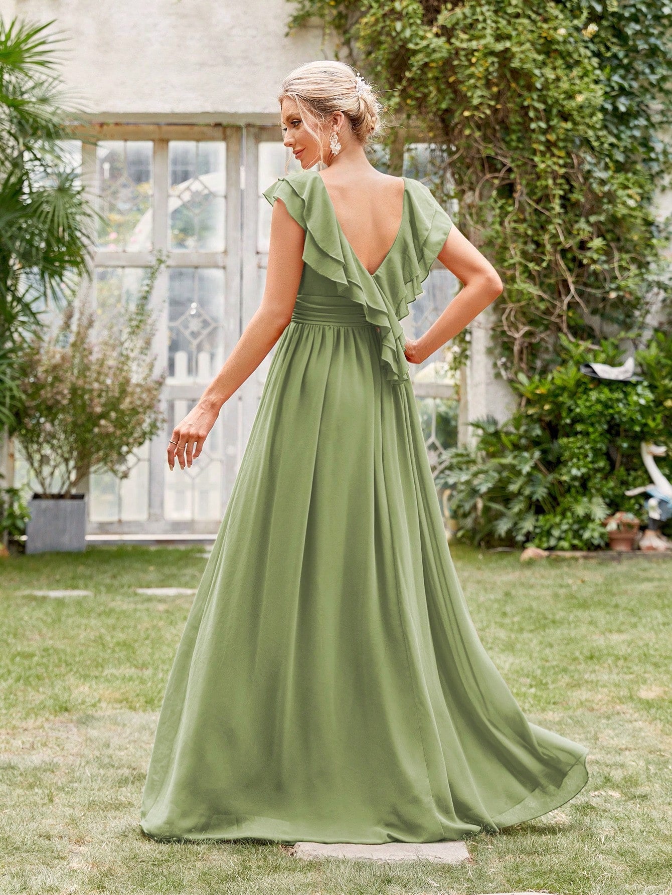 Ruched Layered Ruffle Trim Maxi Bridesmaid Dress Elegant Dress Wedding