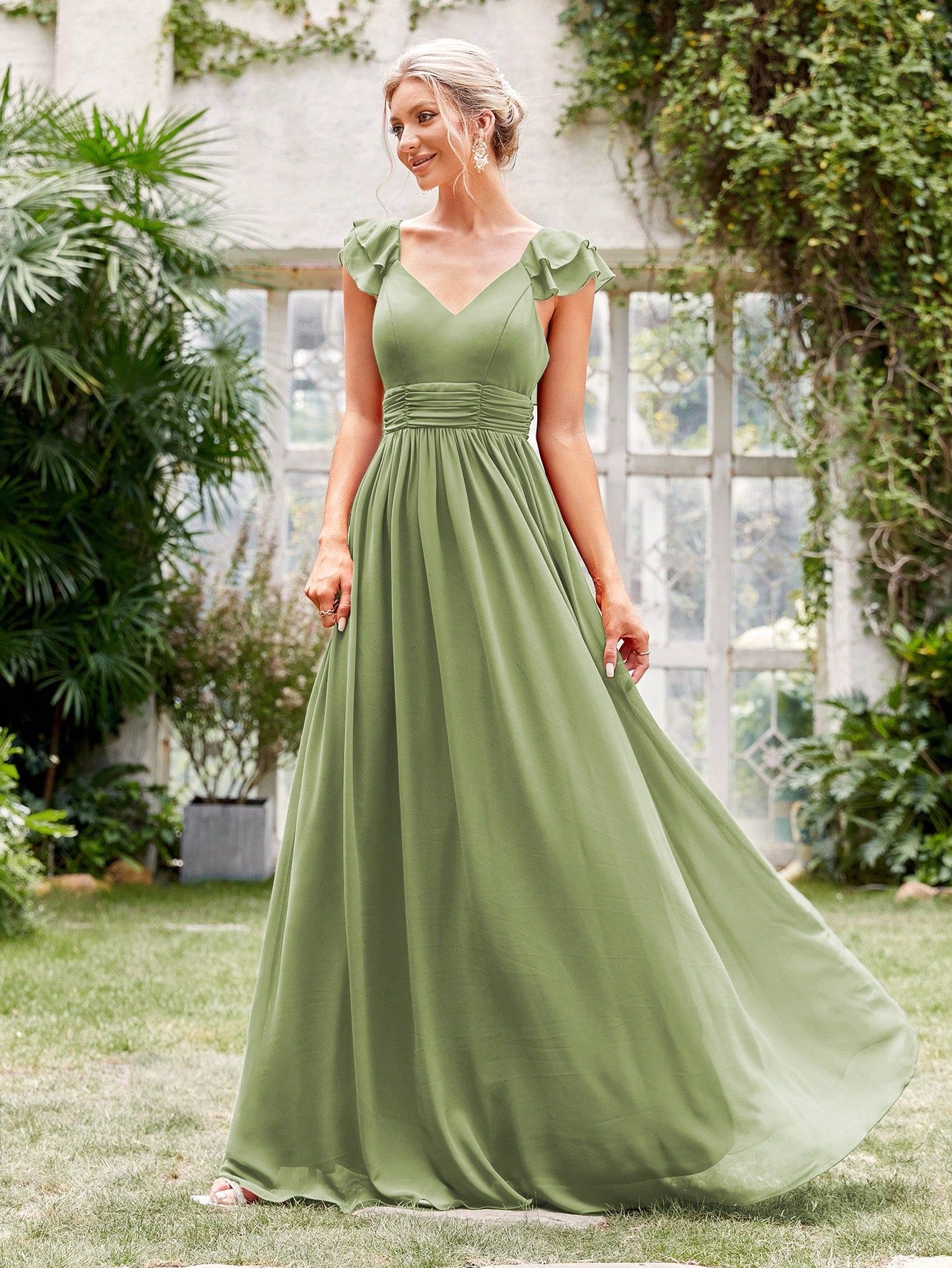 Ruched Layered Ruffle Trim Maxi Bridesmaid Dress Elegant Dress Wedding