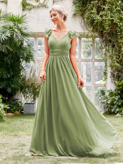 Ruched Layered Ruffle Trim Maxi Bridesmaid Dress Elegant Dress Wedding