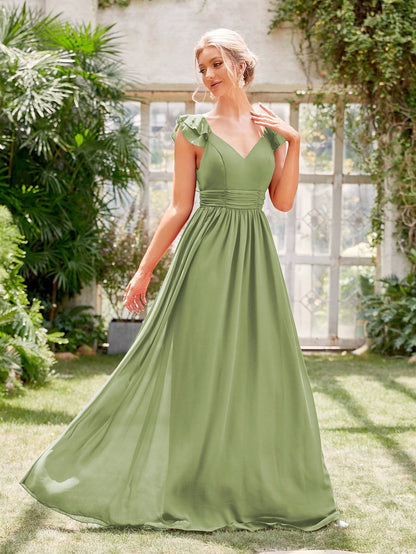Ruched Layered Ruffle Trim Maxi Bridesmaid Dress Elegant Dress Wedding