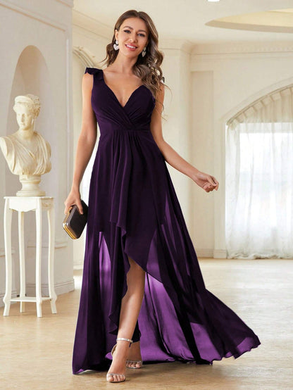 Asymmetric Ruffle Chiffon Elegant Bridesmaid Dress Wedding