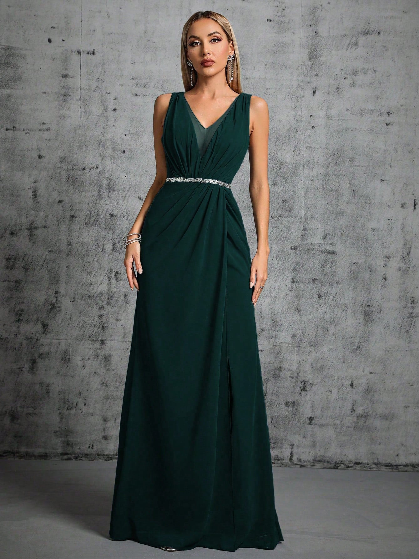 Deep V-Neck Backless Glittery Silver Sash Pleated Chiffon Party Split Dress Elegant Bridesmaid Dress Wedding Spring