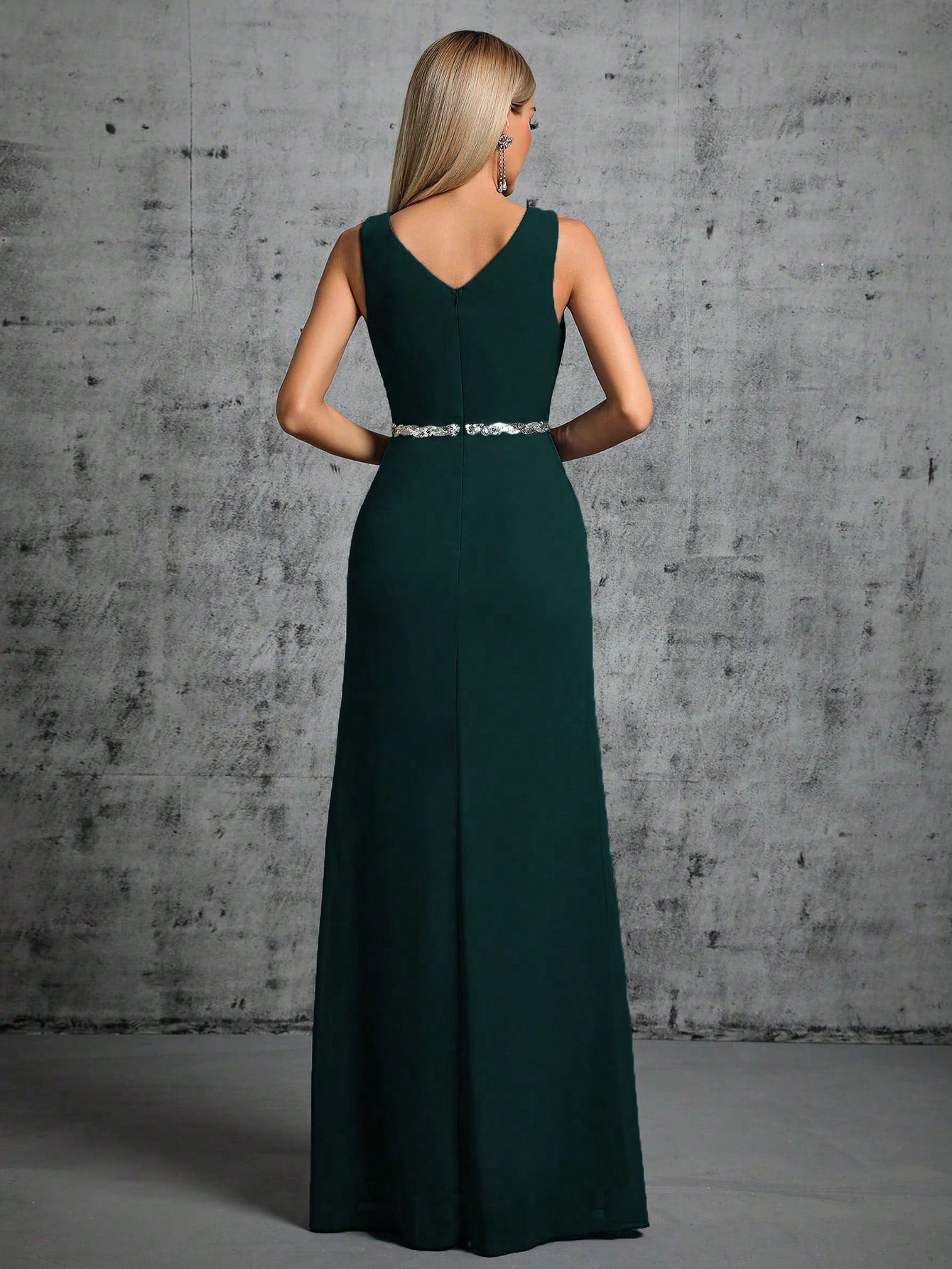 Deep V-Neck Backless Glittery Silver Sash Pleated Chiffon Party Split Dress Elegant Bridesmaid Dress Wedding Spring