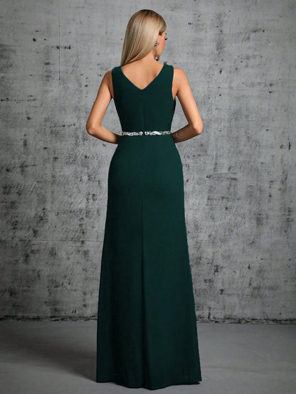 Deep V-Neck Backless Glittery Silver Sash Pleated Chiffon Party Split Dress Elegant Bridesmaid Dress Wedding Spring
