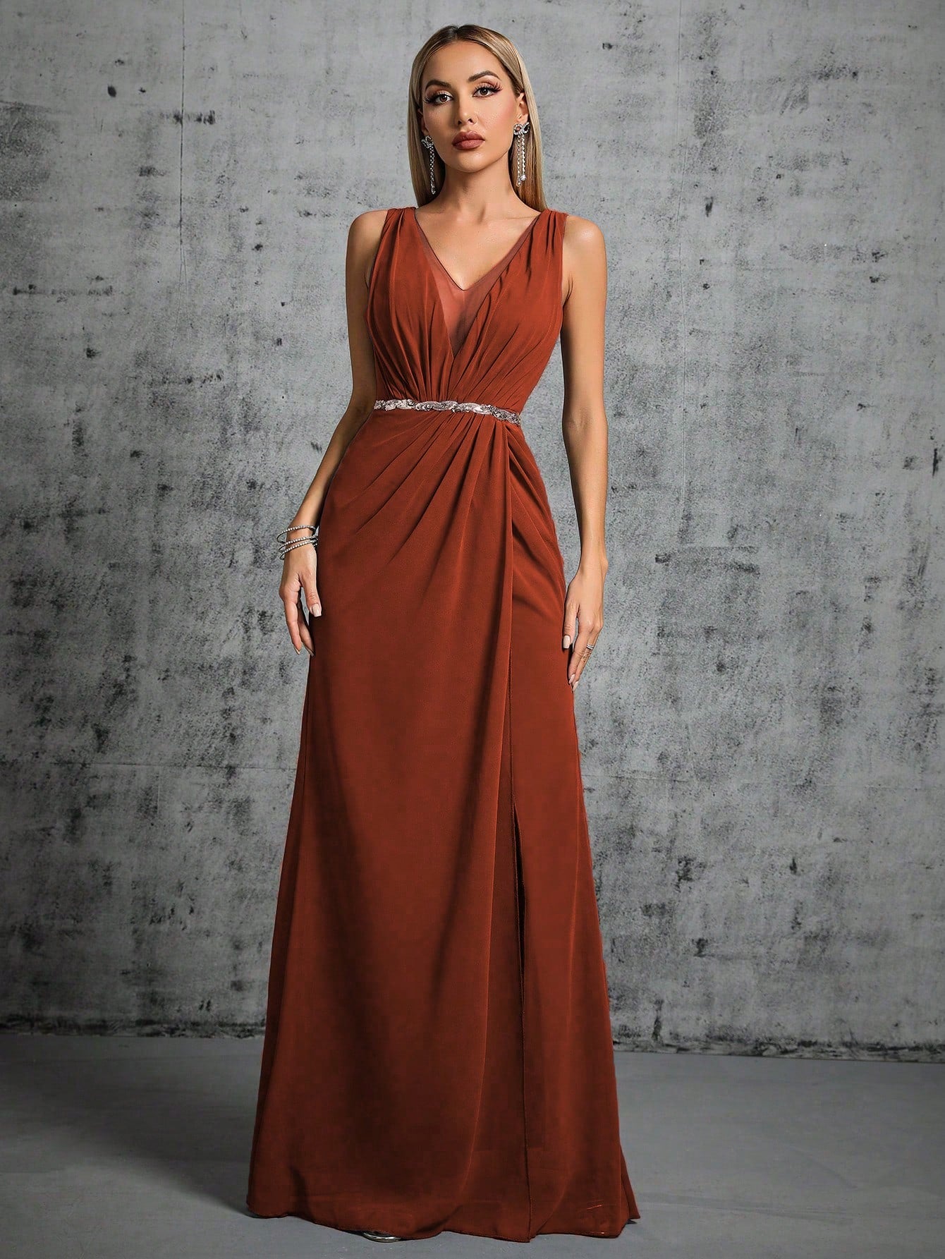 Deep V-Neck Backless Glittery Silver Sash Pleated Chiffon Party Split Dress Elegant Bridesmaid Dress Wedding Spring
