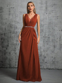 Deep V-Neck Backless Glittery Silver Sash Pleated Chiffon Party Split Dress Elegant Bridesmaid Dress Wedding Spring