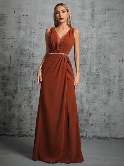 Deep V-Neck Backless Glittery Silver Sash Pleated Chiffon Party Split Dress Elegant Bridesmaid Dress Wedding Spring