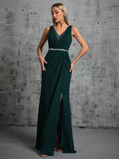 Deep V-Neck Backless Glittery Silver Sash Pleated Chiffon Party Split Dress Elegant Bridesmaid Dress Wedding Spring