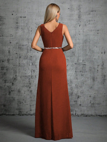 Deep V-Neck Backless Glittery Silver Sash Pleated Chiffon Party Split Dress Elegant Bridesmaid Dress Wedding Spring
