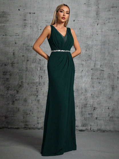 Deep V-Neck Backless Glittery Silver Sash Pleated Chiffon Party Split Dress Elegant Bridesmaid Dress Wedding Spring
