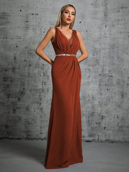 Deep V-Neck Backless Glittery Silver Sash Pleated Chiffon Party Split Dress Elegant Bridesmaid Dress Wedding Spring