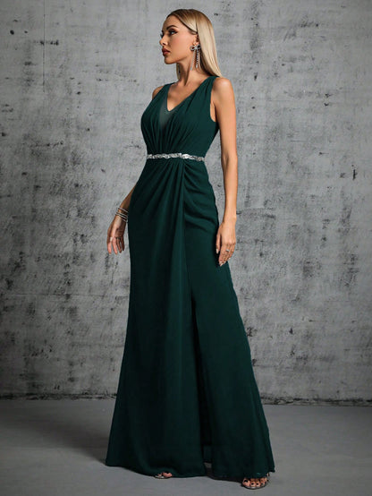 Deep V-Neck Backless Glittery Silver Sash Pleated Chiffon Party Split Dress Elegant Bridesmaid Dress Wedding Spring