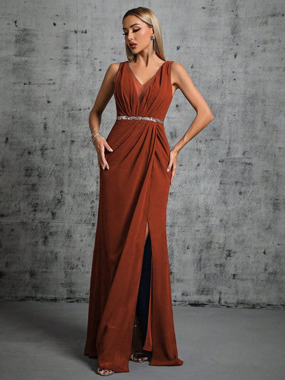 Deep V-Neck Backless Glittery Silver Sash Pleated Chiffon Party Split Dress Elegant Bridesmaid Dress Wedding Spring