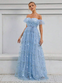 Off Shoulder Floral Appliques Mesh Overlay Dress White Elegant Wedding Bridal Dress,Bride Vacation