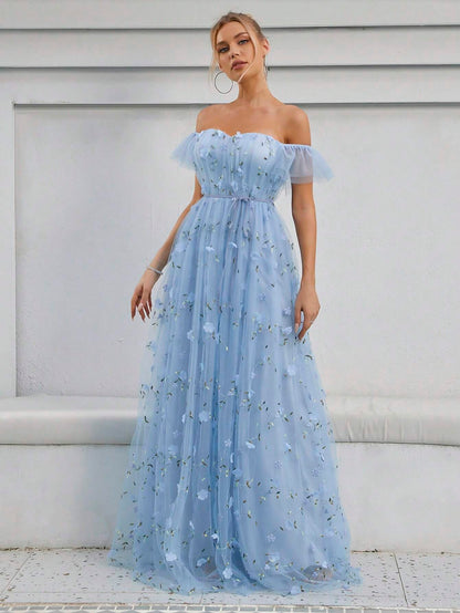 Off Shoulder Floral Appliques Mesh Overlay Dress White Elegant Wedding Bridal Dress,Bride Vacation