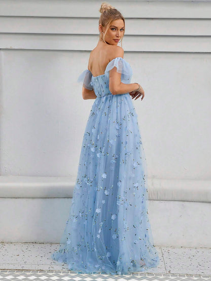 Off Shoulder Floral Appliques Mesh Overlay Dress White Elegant Wedding Bridal Dress,Bride Vacation