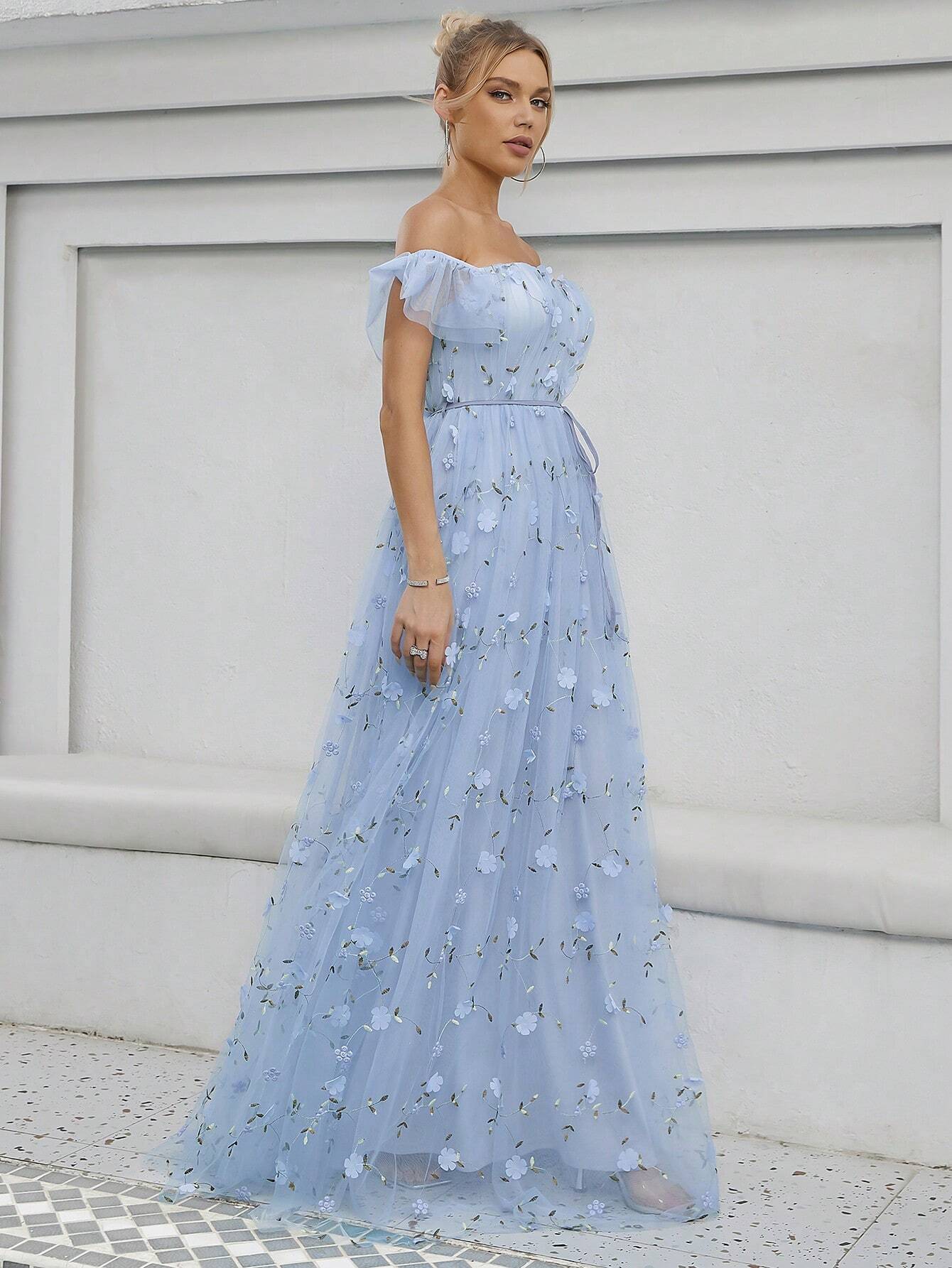 Off Shoulder Floral Appliques Mesh Overlay Dress White Elegant Wedding Bridal Dress,Bride Vacation