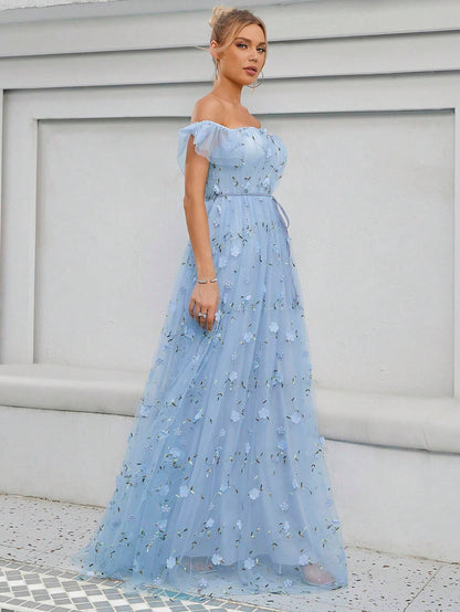 Off Shoulder Floral Appliques Mesh Overlay Dress White Elegant Wedding Bridal Dress,Bride Vacation