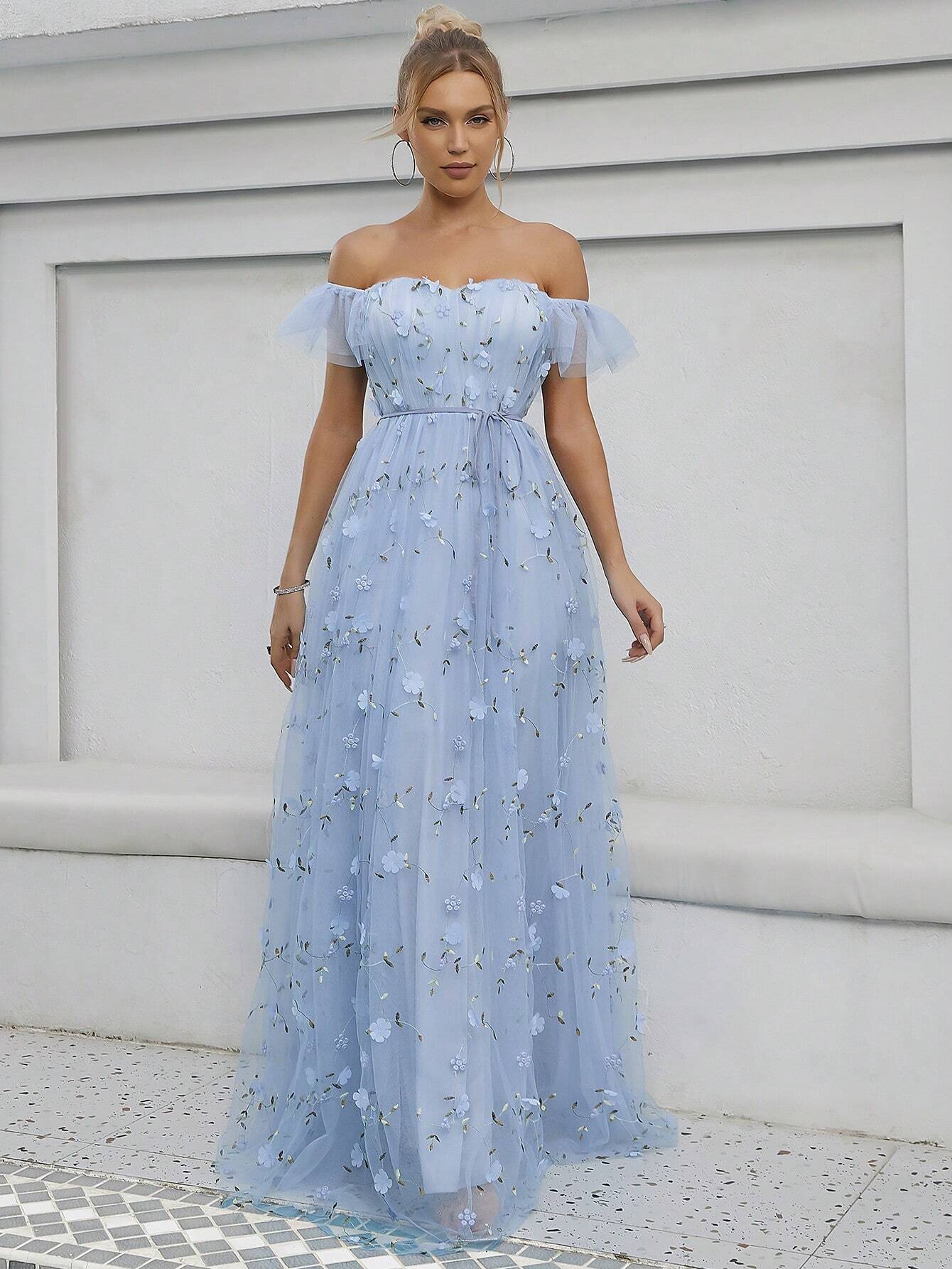 Off Shoulder Floral Appliques Mesh Overlay Dress White Elegant Wedding Bridal Dress,Bride Vacation