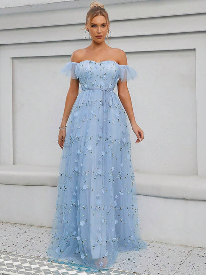Off Shoulder Floral Appliques Mesh Overlay Dress White Elegant Wedding Bridal Dress,Bride Vacation